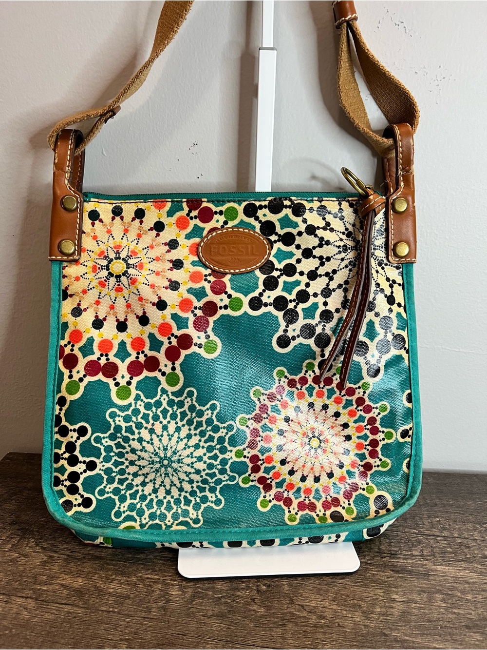 Fossil Teal Multicolor Floral Pattern Crossbody Bag coated canvas